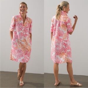 Chico's Linen Popover Paisley Dress Calypso Coral collar pockets (Chico’s 1) 8 M
